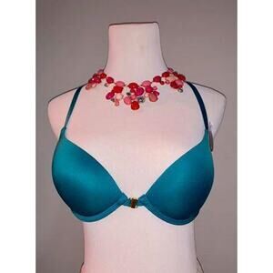 NEW NWT Boutique Satin Teal Front Closure Padded Push Up Strappy Back Bra 34 C